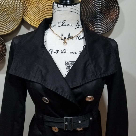 CHARLES KLEIN Trech Coat Military Style Color Black SIZE S, with silver buttons. - Picture 4 of 17